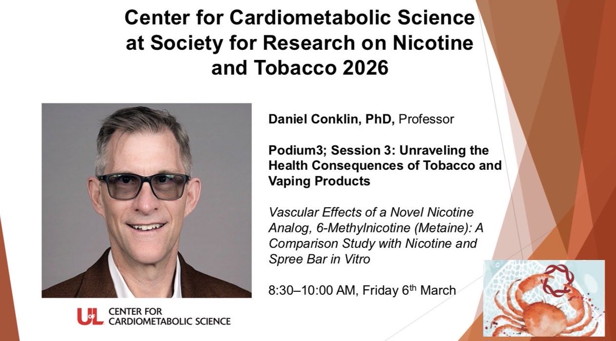 CardioMetaboSci's tweet photo. Interested in the vascular impact of 6-Methylnicotine (Metatine™)? 🫀
Don't miss Daniel Conklin at #SRNT2026 for a comparison study of Metatine™ vs. nicotine and Spree Bar in vitro. Essential data on this novel analog! 🧪🔬
#TobaccoResearch #NicotineScience #PublicHealth https://t.co/vzki7VhTJb