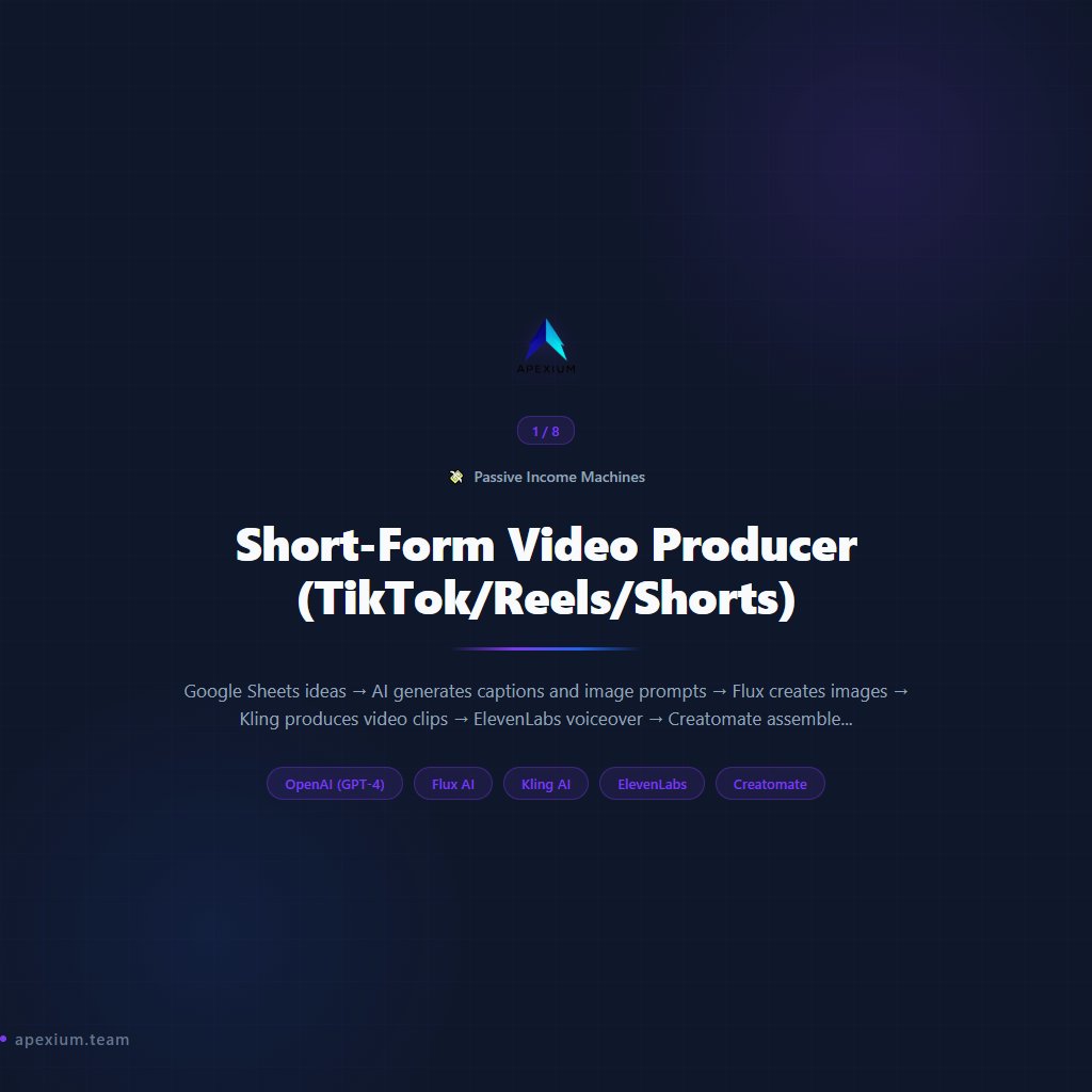 apexium0101's tweet photo. Set-and-forget systems that generate revenue on autopilot (Part 3/4)

8 Passive Income Machines workflows — ready to deploy:

→ Short-Form Video Producer (TikTok/Reels/Shorts)
→ Vision AI Product Description Writer
→ 10-Post-a-Day Blog Content Farm
→ AI Art Generator (GPT-Image-1)
→ AI PDF Report + Document Creator
→ AI News Digest + Email Newsletter
→ Blog-to-Podcast Audio Converter
→ Instant eBook + Guide Creator

Automated revenue streams that work while you sleep.

Built with n8n. No code required.

#n8n #Automation #PassiveIncome #MakeMoneyOnline