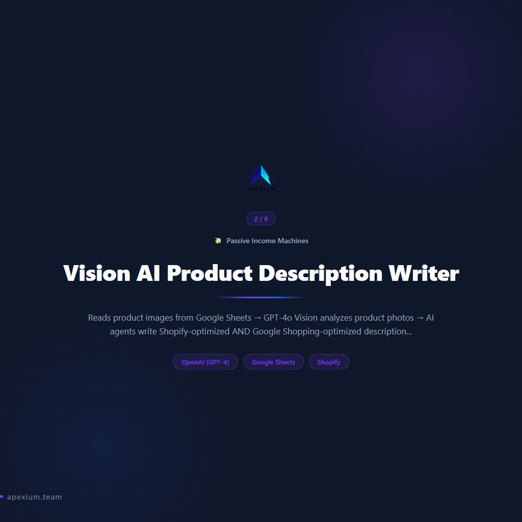 apexium0101's tweet photo. Set-and-forget systems that generate revenue on autopilot (Part 3/4)

8 Passive Income Machines workflows — ready to deploy:

→ Short-Form Video Producer (TikTok/Reels/Shorts)
→ Vision AI Product Description Writer
→ 10-Post-a-Day Blog Content Farm
→ AI Art Generator (GPT-Image-1)
→ AI PDF Report + Document Creator
→ AI News Digest + Email Newsletter
→ Blog-to-Podcast Audio Converter
→ Instant eBook + Guide Creator

Automated revenue streams that work while you sleep.

Built with n8n. No code required.

#n8n #Automation #PassiveIncome #MakeMoneyOnline