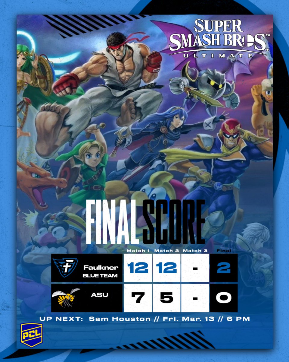 FaulknerESports's tweet image. Faulkner's Blue Team takes down ASU 2-0 in Super Smash Bros.

#FaulknerESports #SoarEagles #NeverFail #SmashBros #SSBU
