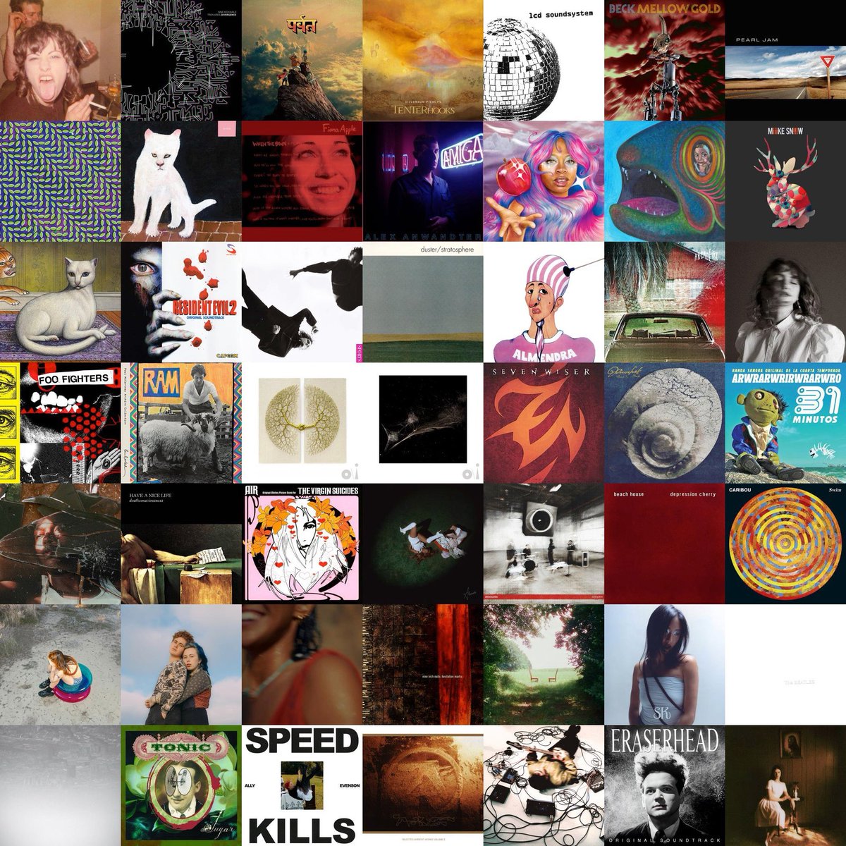 My 7x7 top albums this week. 

Find:
•The two albums with cats on the cover.
•The three artists who have two albums.
•A cover that is pretty similar to another very popular one nowadays, but not present in the collage (and probably never will be).

#lastfm