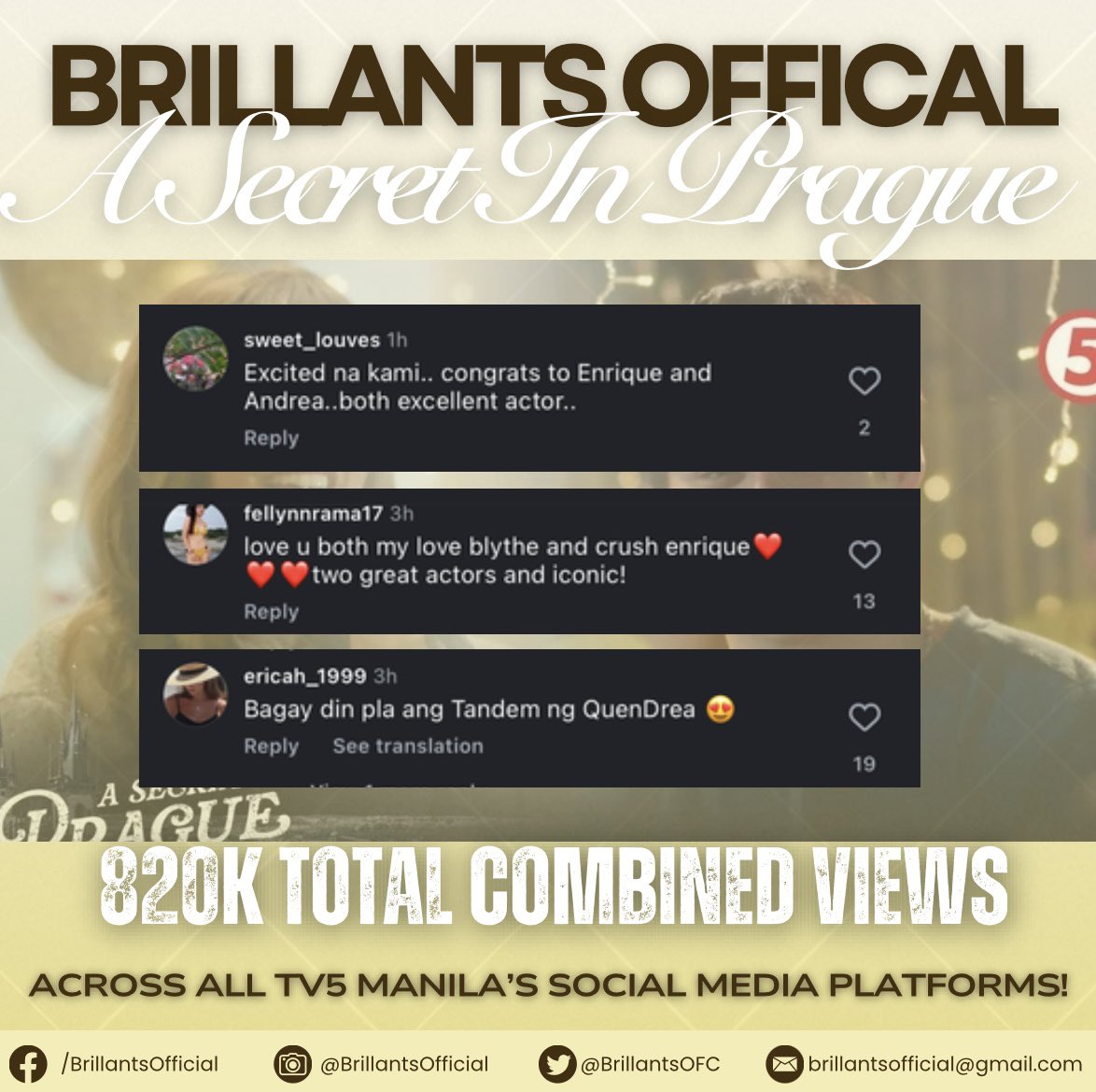 The #ASecretInPrague teaser has unlocked   820k   𝙩𝙤𝙩𝙖𝙡 𝙘𝙤𝙢𝙗𝙞𝙣𝙚𝙙 𝙫𝙞𝙚𝙬𝙨 across all @tv5manila social media platforms! 🎬✨

A huge thank you to everyone for supporting this first-ever teleserye team-up. 

Catch the first ever team up of Andrea and Enrique on