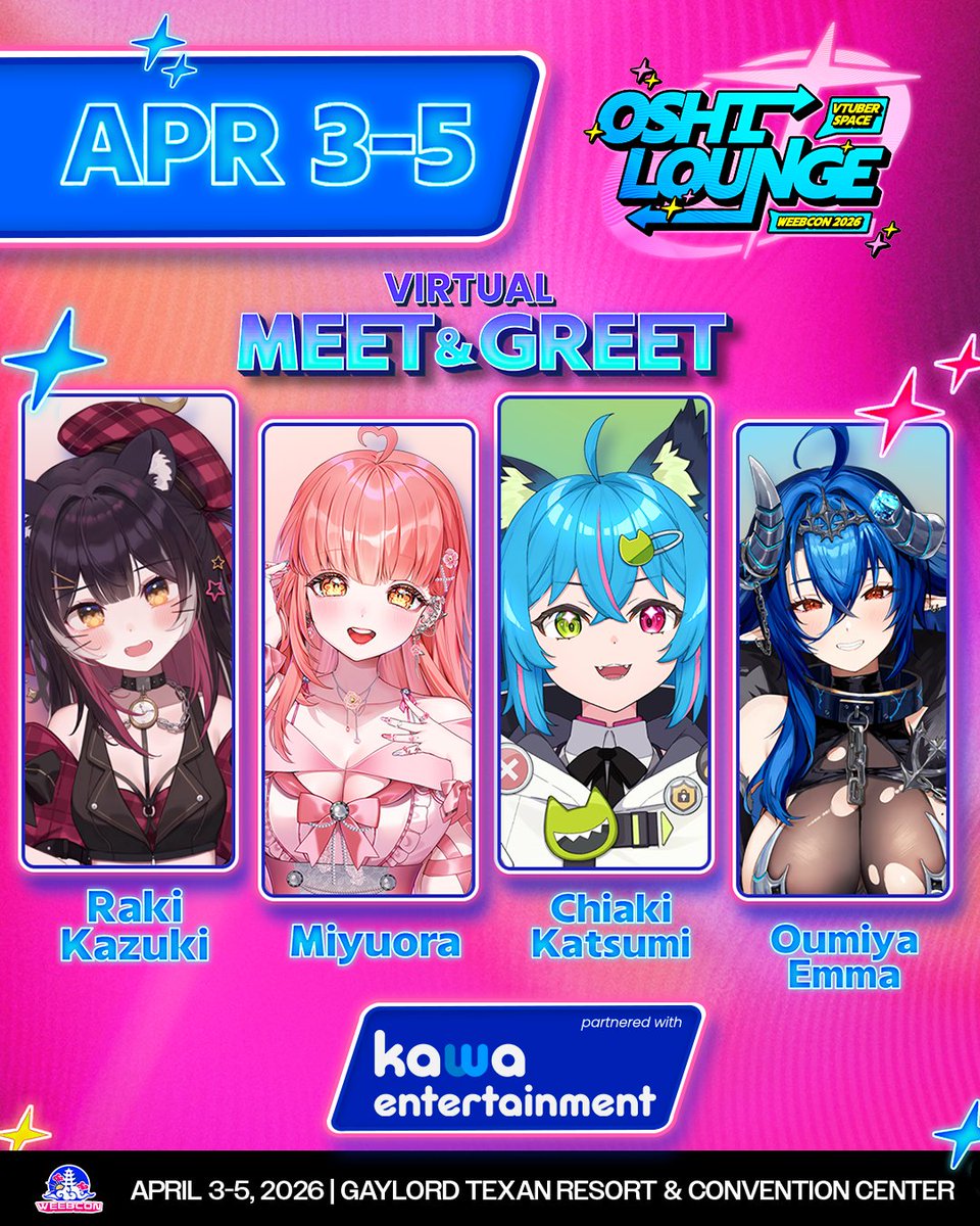 ✨Oshi Lounge✨

Hey chat, we are excited to announce our next (HUGE) batch of Oshi’s joining our Oshi Lounge this upcoming April!

Thank you <a href="/kawa_entertain/">Kawa Entertainment</a>  for bringing them and thank YOU for buying your ticket, you bought your ticket.. right?…RIGHT??? We ONLY have so many
