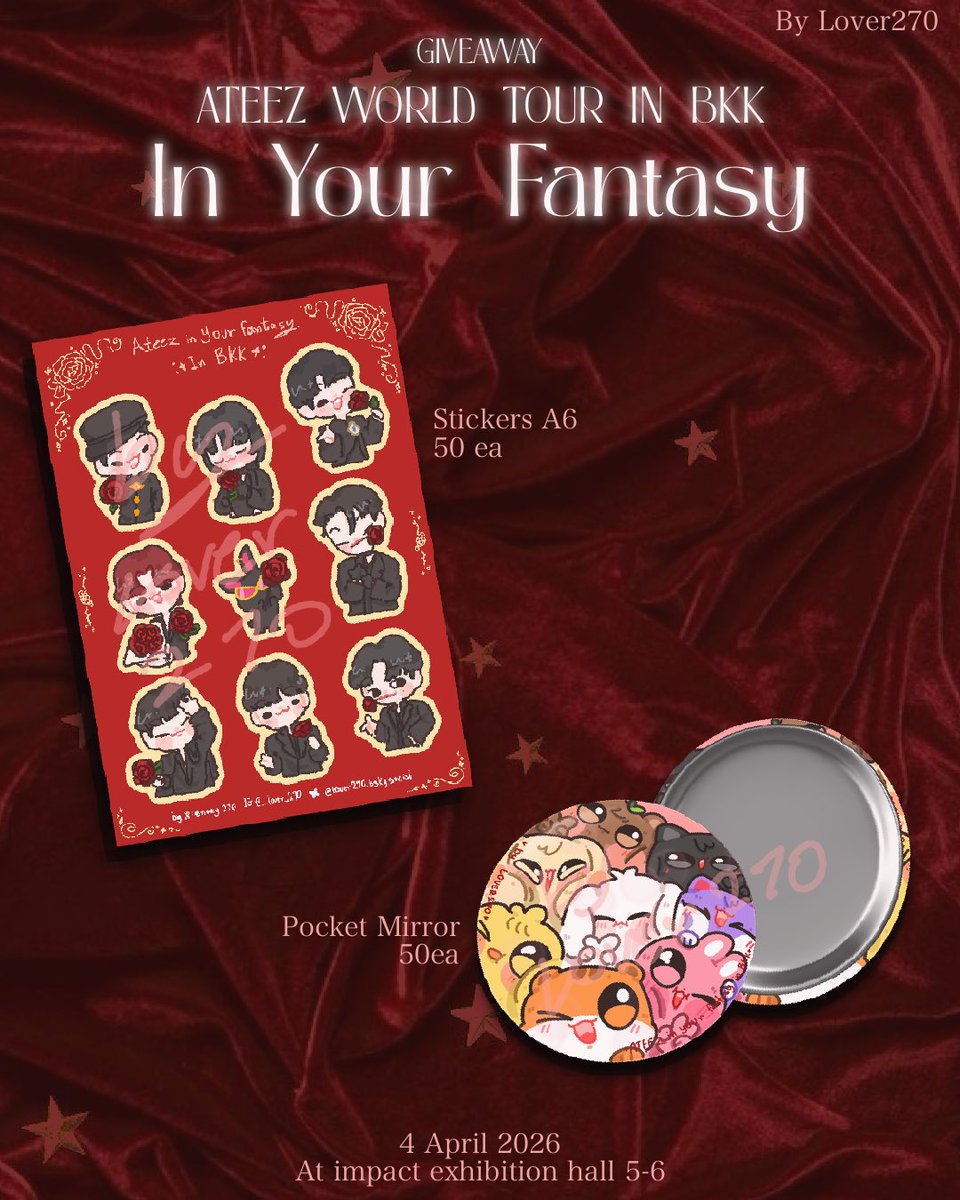 noey_270's tweet photo. Pls rt 

✧*｡ GIVEAWAY! ATEEZ #In_Your_Fantasy_bkk ᢉ𐭩 ᩚ

Sticker A6 : 50 EA
Pocket mirror : 50 EA 

📍Impact Exhibition Hall 5-6
📆 04.04.2026
⏳ TBA.

#ATEEZinBKK #ATEEZinBangkok #Atinyนักแจก 

See you soon!!
มาเจอกันเยอะๆนะคะ🥹🩷 https://t.co/teRH5jHkL9
