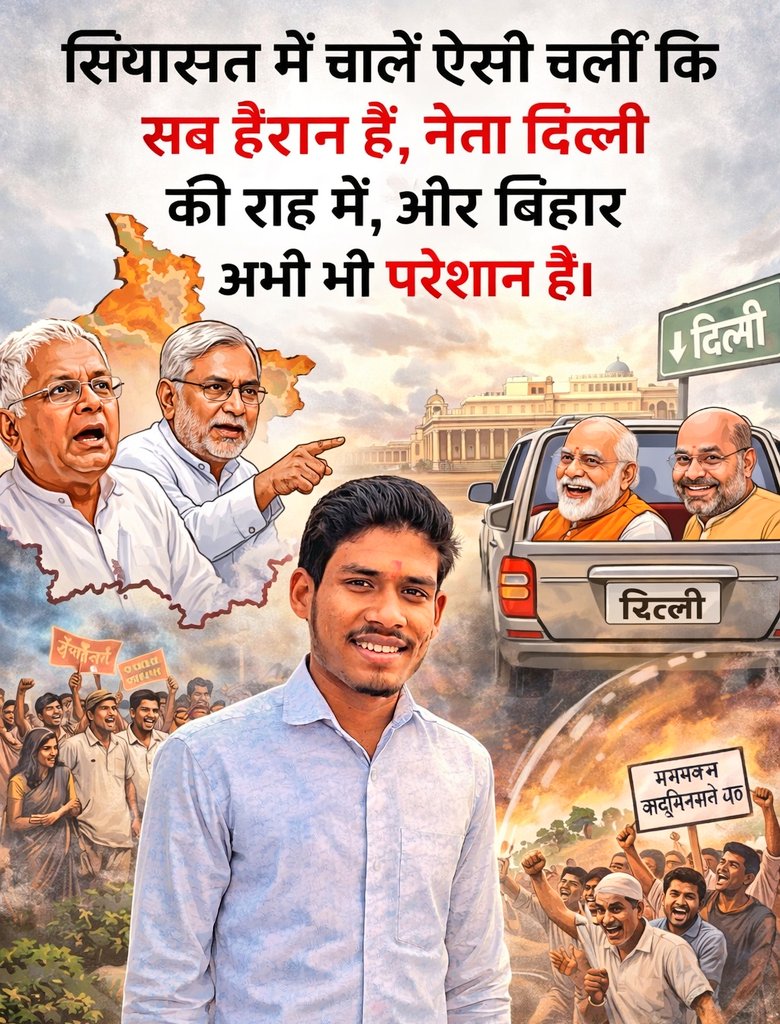 AlokkYadavv's tweet photo. सियासतमें चालें ऐसी चली कि
सब हैरान हैं, नेता दिल्ली की राह में ,

🇮🇳💐

#cmofbihar #BiharElections #PoliticalStatement #DelhiElection #election2026 #LeadershipSkills https://t.co/NEHLhX0elR