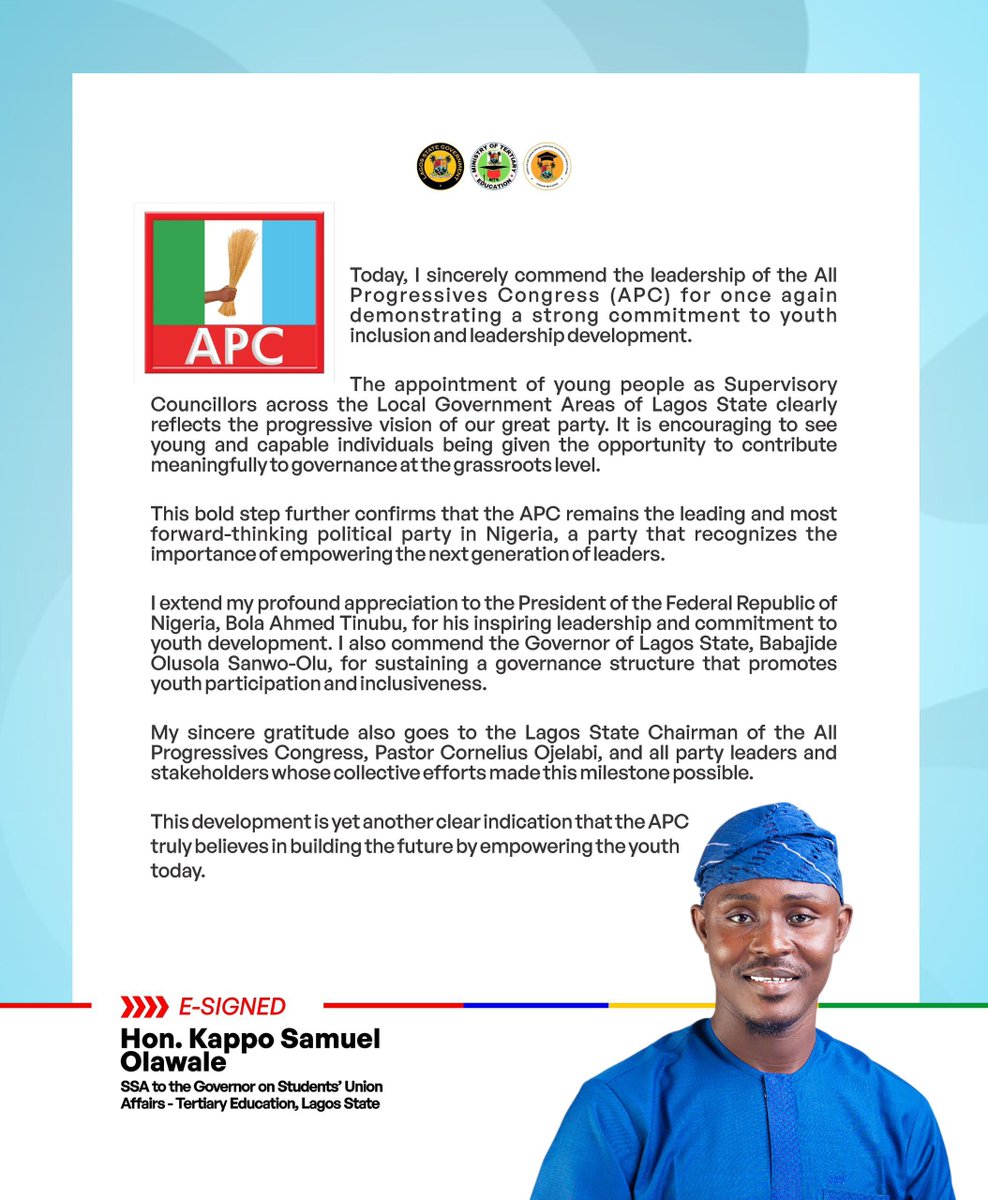 Today, I sincerely commend the leadership of the All Progressives Congress (APC) for once again demonstrating a strong commitment to youth inclusion and leadership development.

The appointment of young people as Supervisory
Councillors across the Local Government Areas of Lagos