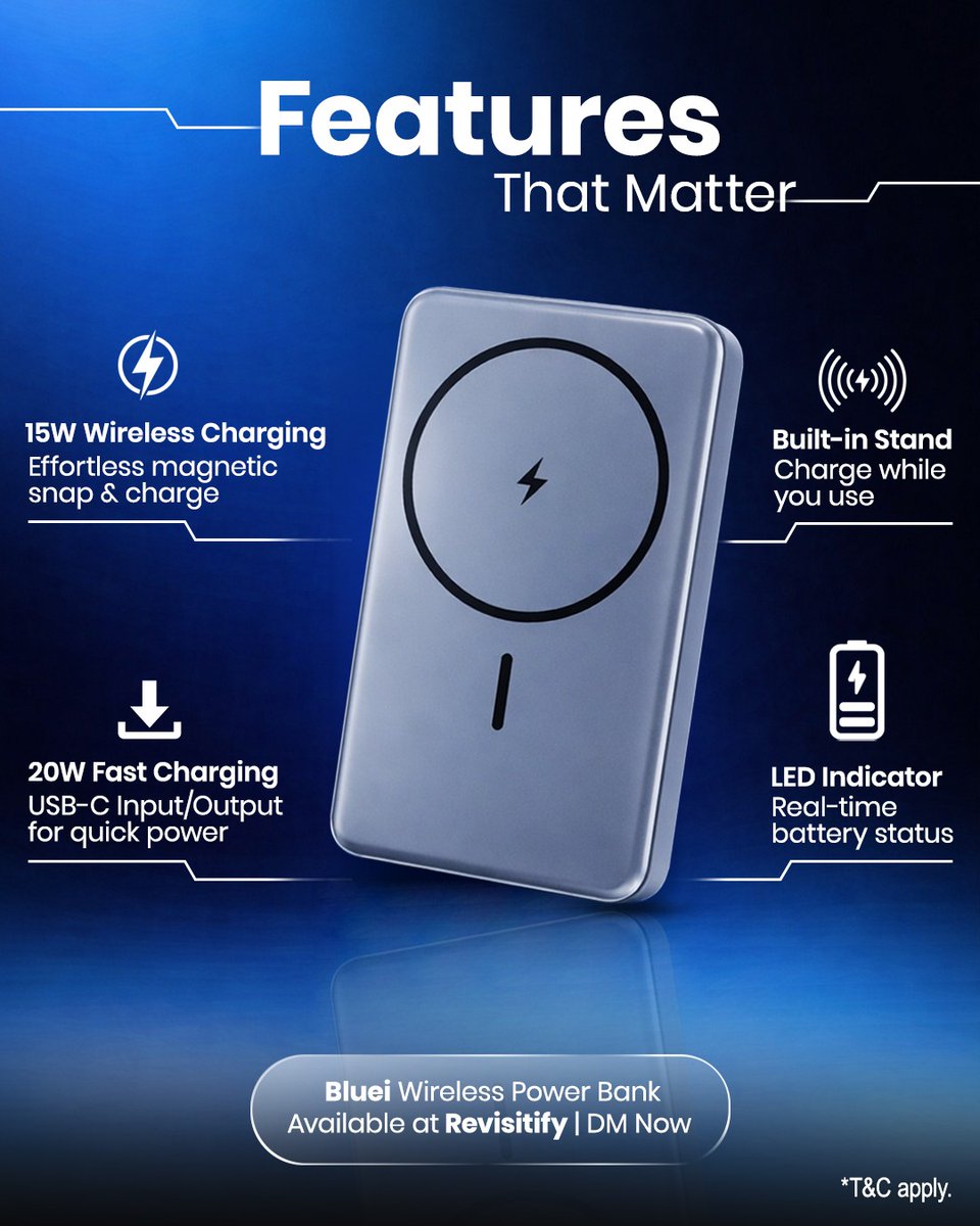 revisitify's tweet image. Power that moves with you. 
The Wireless Power Bank at Revisitify combines 15W magnetic wireless charging, 20W fast charging, and a built-in stand so you can charge while you scroll, work, or watch. Stay powered anywhere, anytime. 

#Revisitify #WirelessPowerBank #FastCharging