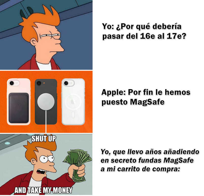 ¡Por fin con MagSafe! 🔋
Apple soluciona en el 17e el mayor punto crítico del 16e e incorpora MagSafe junto con una carga inalámbrica más rápida.
Y, de repente, la actualización ya no parece tan innecesaria... 😅