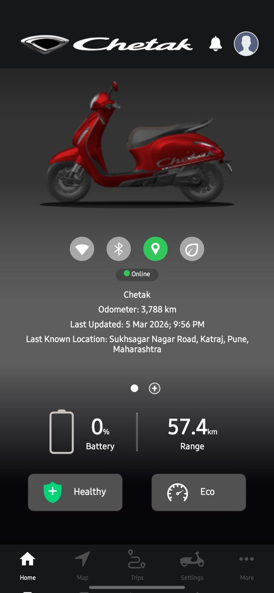 PareshAlizad's tweet photo. @chetakofficial The vehicle is is stationed to my parking. It is not used today but it still shows as online.  Battery percentage is zero why? In next my next comment I will go to my parking and sned you the photo of odo meter. https://t.co/P6n5Kf2dBj