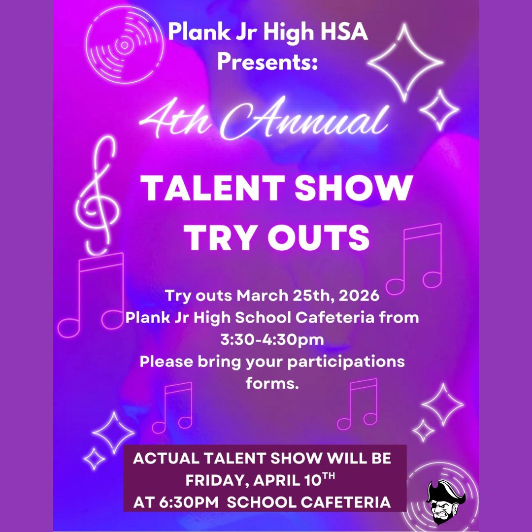 Save the date for Wednesday, March 25th! Talent show tryouts are happening from 3:30 to 4:30 pm in Plank’s cafeteria. Participation packets will be handed out during the 1st period next week. If you need an extra, just swing by student services!