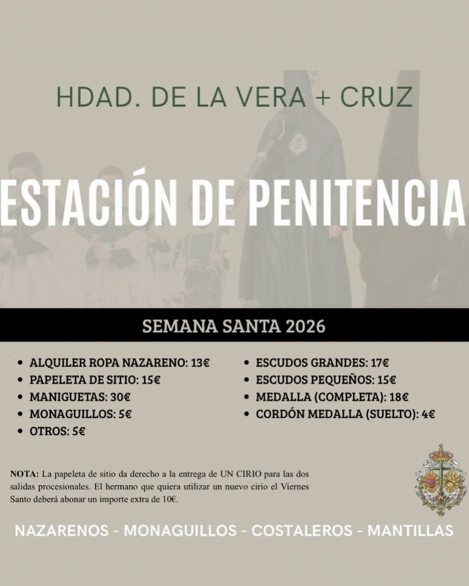 🟢⚫ TÚNICAS DE NAZARENO Y PAPELETAS DE SITIO 2026

Del 10-19 de marzo de 18 a 20 horas. Capilla del Corpus, casa-Hdad.
#veracruzmoguer #cuaresma2026