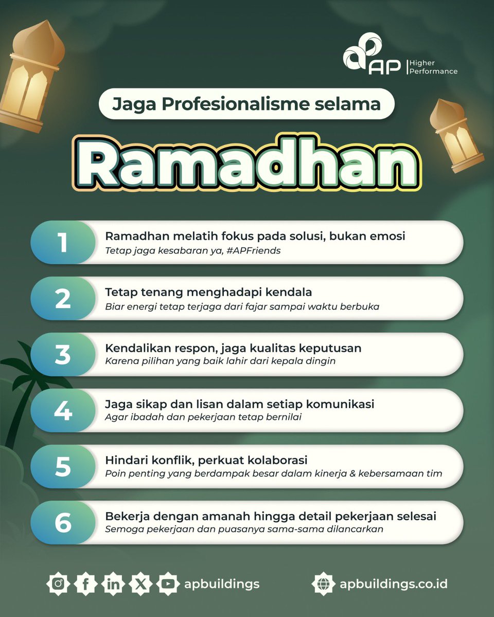 apbuildings's tweet image. Ramadhan mengajarkan kita untuk lebih sabar dan terkendali, termasuk dalam bekerja.
Di setiap tanggung jawab, sikap tenang dan fokus menjadi kunci menjaga kualitas.
Karena profesionalisme bukan soal kondisi, tetapi soal komitmen.
#APBuildings #HigherPerformance #Ramadhan
