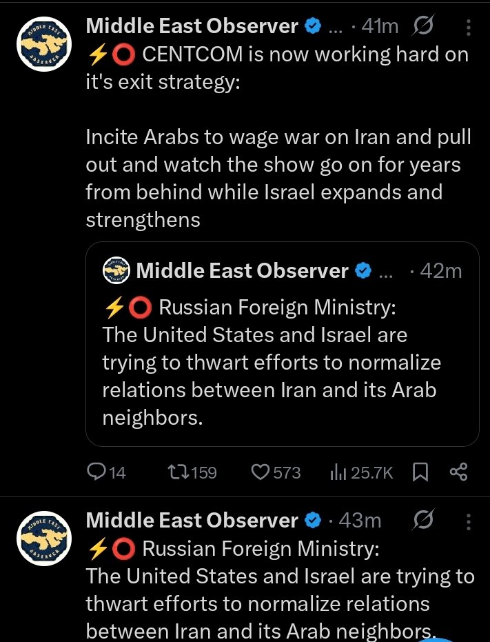 DragonWong2024's tweet photo. @MarioNawfal The US #CENTCOM is now working hard on its EXIT STRATEGY — INCITE #Arabs to wage war on #Iran and pull out and watch the show go on for years from behind while #Israel expands and strengthens.
#WarOnIran #WestAsiaWar #MiddleEastWar #USA #FalseFlagAttack

h/t @ME_Observer_ https://t.co/9qkyJ3cpIw