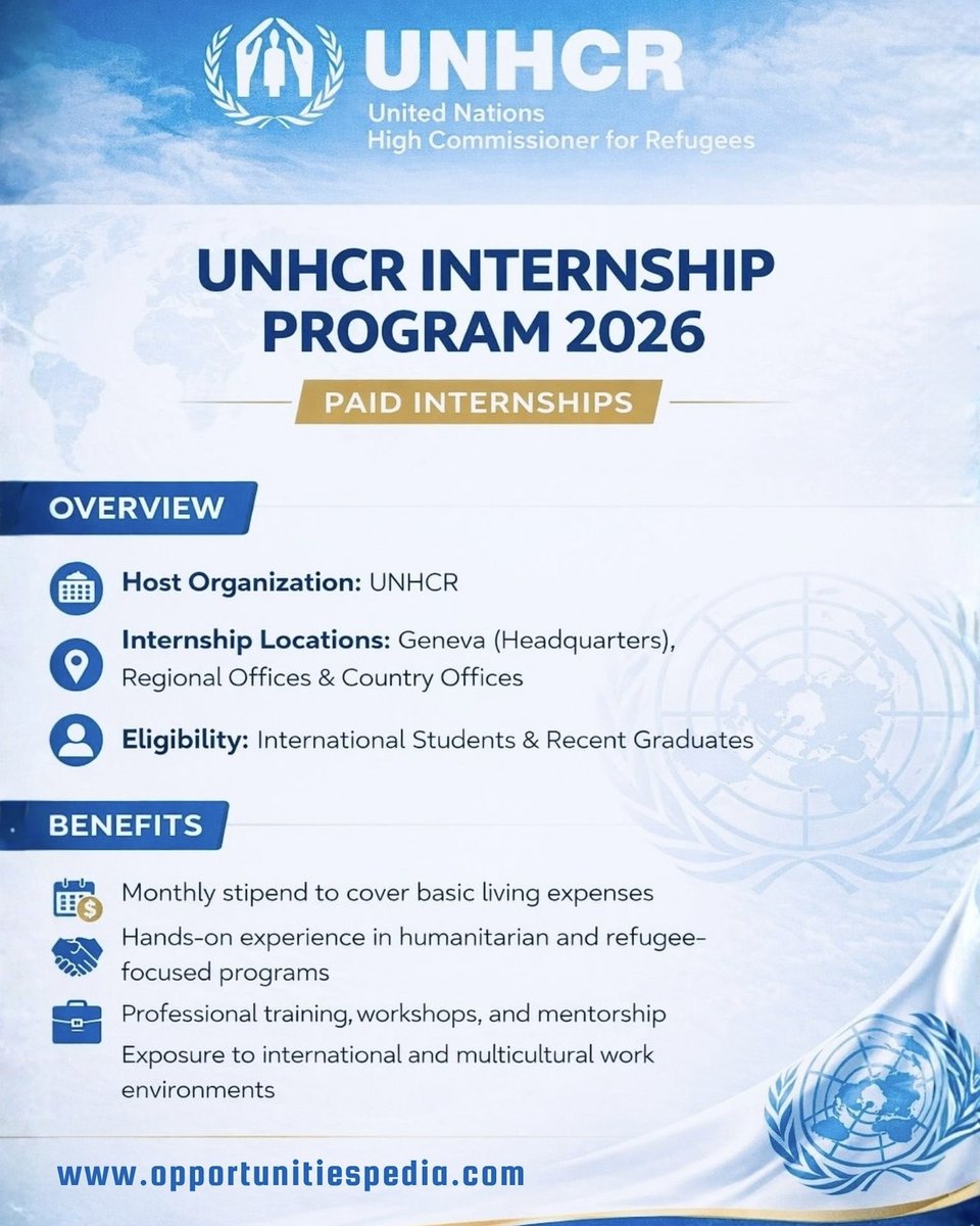 UNHCR Internship Program 2026 – Paid Global Internship Opportunity

The United Nations High Commissioner for Refugees is inviting applications for its 2026 Internship Programme. The programme provides students and recent graduates with the opportunity to gain professional