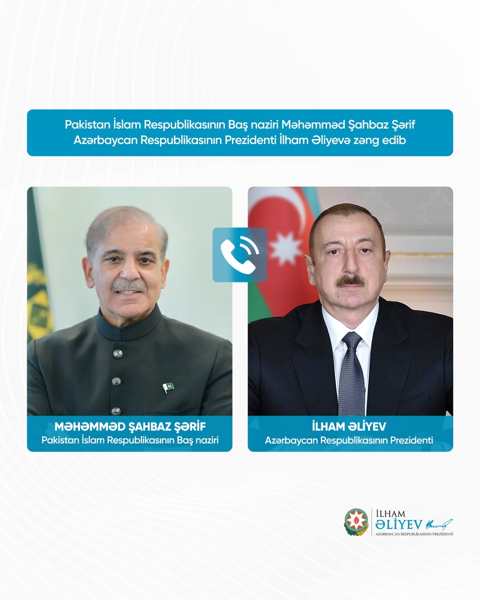 azpresident's tweet photo. Pakistan İslam Respublikasının Baş naziri Məhəmməd Şahbaz Şərif Azərbaycan Respublikasının Prezidenti İlham Əliyevə zəng edib.

https://t.co/rhxlKWWY2F https://t.co/tTDLCt22zY