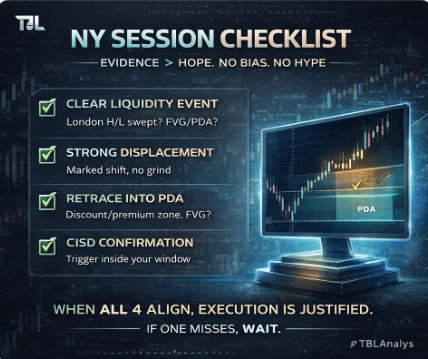 tbltradinglab's tweet photo. Process beats prediction.

For intraday futures I only need 4 things to align:

*Clear liquidity event
*Strong displacement (intent)
*Retrace into PDA (FVG / premium-discount)
*CISD confirmation inside my window

If one is missing — I wait.

That’s the edge: fewer trades, cleaner execution.
#NASDAQ #FuturesTrading