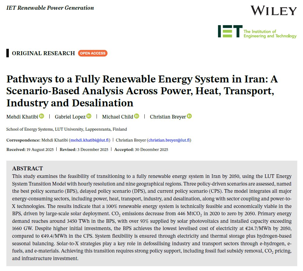 ChristianOnRE's tweet photo. 1/ New research @UniLUT https://t.co/eox7hZ39hv investigates pathways to a fully renewable energy system in #Iran across power, heat, transport, industry &amp; desalination, with 3 policy scenarios to 2050. #100RE #NetZero https://t.co/xD6xtUbLPu