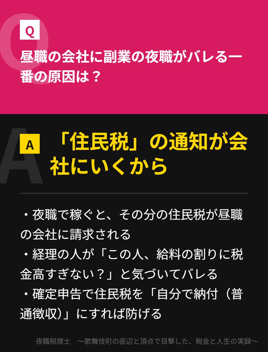 nighttaxadvisor's tweet photo. 「副業が会社にバレた……😱」
その原因のほとんどは「住民税」です！　夜職で稼いだ分の税金が昼職の会社に請求されてしまい、経理に一発でバレるパターン💥
確定申告の時に「自分で納付する」にマルをつけるだけで防げるので、絶対に忘れないで！📝
#夜職税理士 #副業 https://t.co/TnPp6ss9QB
