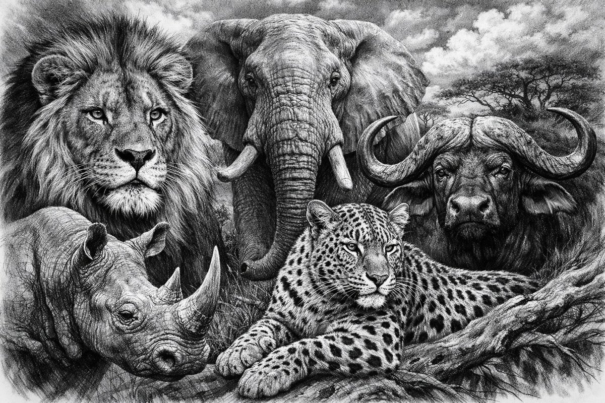 LinseyGallery's tweet photo. The kings of the African wilderness, captured in graphite.

Every line, every shadow, every detail tells the story of Africa’s Big Five, lion, elephant, leopard, rhino, &amp; buffalo.

At Linsey Art Company, we turn nature’s greatest icons into timeless art whether with AI or humans. https://t.co/3UO8YsBjX0