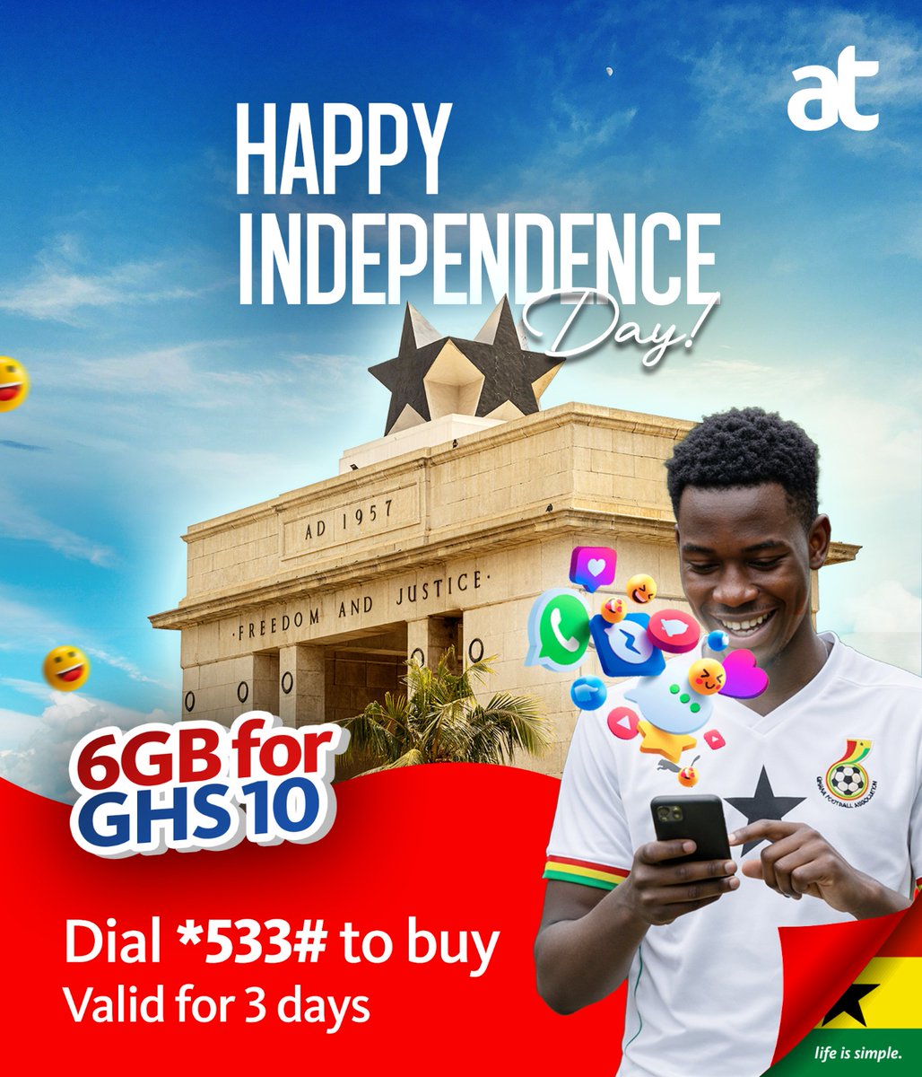 theatghana's tweet image. Happy Independence Day! Get 6GB for just GHS10, valid for 3 days. Enjoy freedom to browse, stream and chat. Dial *533# now.

#AT #LifeIsSimple #HappyIndependenceDay #Ghana