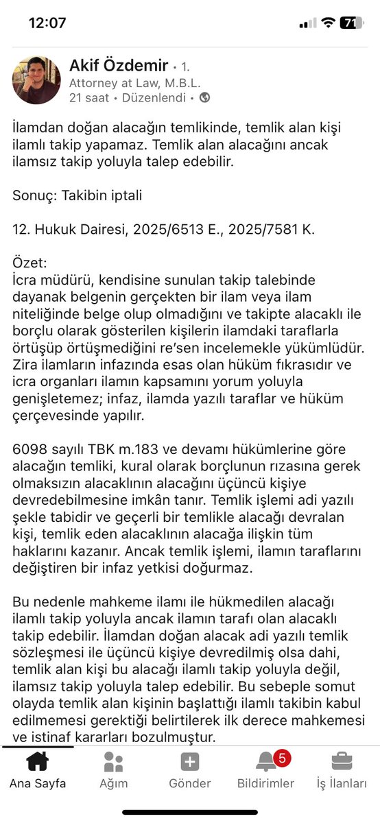AvTarikCilekci's tweet photo. İlamdan doğan alacağın temlikinde, temlik alan kişi ilamlı takip yapamaz. Temlik alan alacağını ancak ilamsız takip yoluyla talep edebilir.

Sonuç: Takibin iptali

12. Hukuk Dairesi, 2025/6513 E., 2025/7581 K https://t.co/pd2GYwe0MY