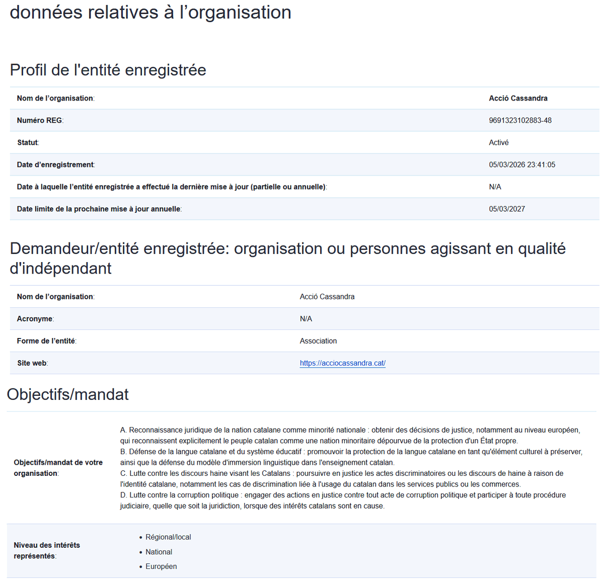 🔴 CASSANDRA AL REGISTRE DE TRANSPARÈNCIA DE LA UE
⏰ Acció Cassandra, primera i última línia de defensa de la nació catalana a la Unió Europea. 
✍️ Amb la nostra recent inscripció al Registre de Transparència de la UE podrem demanar tota la informació que els estats amaguen
