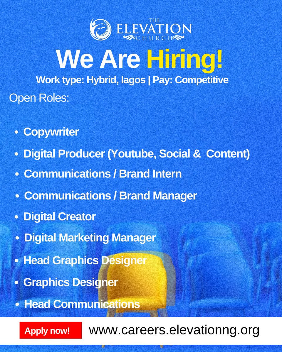 tohire_ng's tweet photo. The Elevation Church is Hiring for Multiple Roles 🔔 

📍Lagos (Hybrid)

Roles:
-Facility Manager
-Digital Producer (YouTube, Social & Content)
-Sound Engineer
-Copywriter
-Communications / Brand Intern
-Digital Creator
-Digital Media Manager
-Software Engineer Intern
-Assistant Head General Services
-Head of Communications
-Partnerships and Resources Manager
-Graphics Designer
-Deputy General Counsel
-Brand/ Corporate Communications Manager
-Head Graphics Designer
-Finance Intern

Apply 👇 
https://t.co/BximVcuOSz