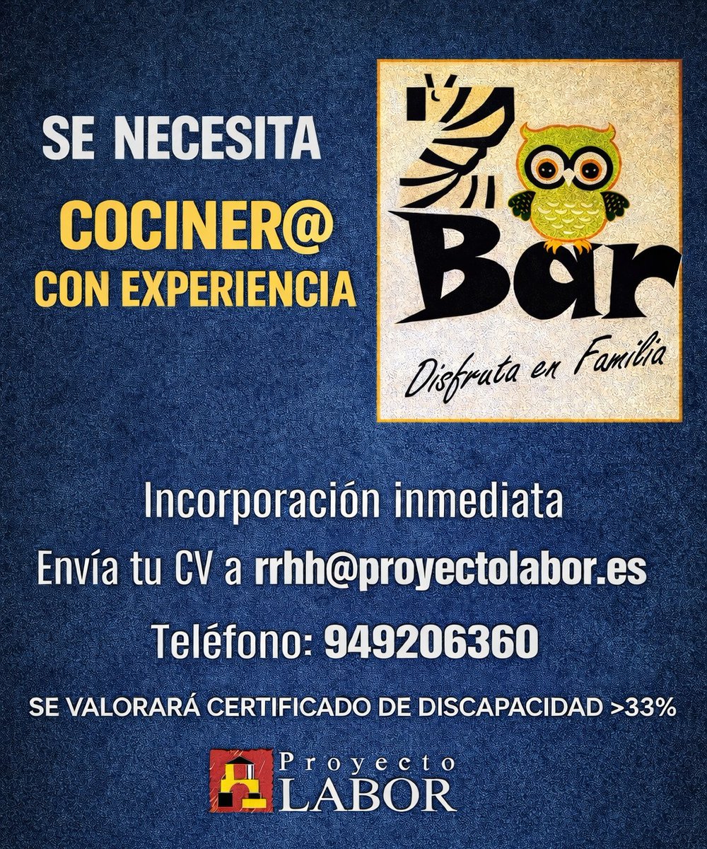 ProyectoLabor's tweet photo. Se necesita cociner@ con experiencia en el Zoo Bar Restaurante de Guadalajara.

Si cumples el perfil y te interesa, llámanos al 949 20 63 60 o envía tu CV a rrhh@proyectolabor.es https://t.co/Cf775qgxzq