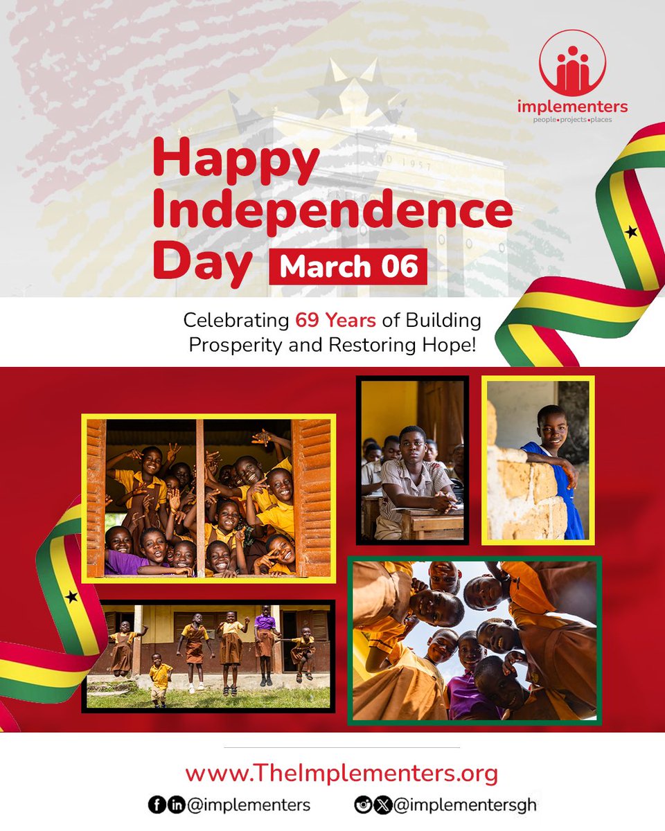 implementersgh's tweet photo. As we mark Ghana's 69th Independence Day, we celebrate 69 remarkable years of unity, resilience, and unwavering commitment to our national sovereignty.

Here's to the progress we've made, the challenges we've overcome, and the boundless potential that lies ahead.
 #GhanaAt69 https://t.co/sxLXPHXWW5