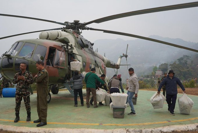 koir39318's tweet image. In #Nepal’s remote regions, democracy literally takes flight. 🚁🗳️

#Ballotboxes are being transported by helicopters to district headquarters.

A powerful example of ensuring every vote counts.

#NepalElections #NepalElection2082 #Democracy #NepalVotes