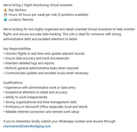 🚨JOB ALERT

Ada yang mau kerja remote jadi Virtual Assistant ga?
bayarannya $4/jam.
Yuk, yang minat silahkan lamar langsung ke sini 
⤵️ ⤵️
