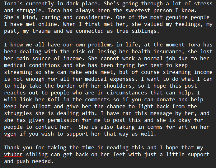 This is the post I want to go viral. If you have time to read this and help, I would be forever grateful.

My vtuber sibling <a href="/shirotoratenshi/">ToraTenshi 🐯🌠</a> is going through a very difficult time of her life. I want to make this post for her, even if you cannot help, please share this around.