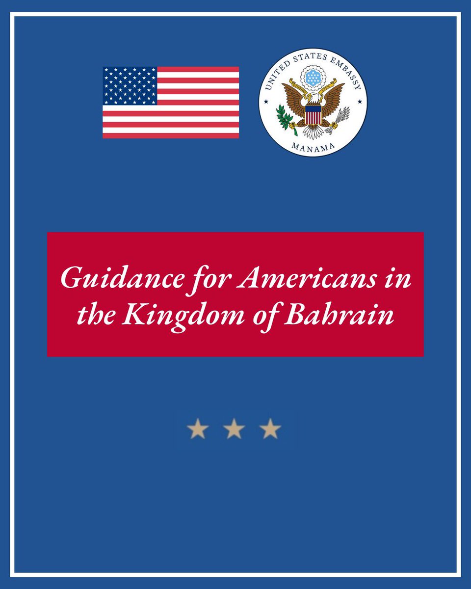 USEmbassyManama's tweet photo. Location: Bahrain

Event: 

The U.S. government cares about your safety and will continue to share up-to-the-minute information you need to make informed decisions about your safety.  The U.S. government is ready to help Americans leave the Middle East if you choose to take advantage of the options available.   

Please complete this form so the Department of State can better assist you and provide you with timely updates: https://t.co/dQ8ouqgTbI .  If you have already completed the crisis intake form, please do not fill it out again. 

U.S. citizens in Bahrain can also call the State Department at +1-202-501-4444 to receive departure information and assistance. 

If you choose to not take advantage of departure options available, Americans should be prepared to shelter in place in a secure location.  Have a supply of food, water, medications, and other essential items. 

Options to Depart: 

Commercial flights are currently not operating out of Bahrain.   
There are overland routes to Saudi Arabia where commercial options to depart the region are operating.   
The King Fahd Causeway remains open, but operating status may change without notice. 
 
Americans should strongly consider departing on one of these overland routes if they believe it is safe to do so.  Visit the airport or airline website to find information about flight availability and purchasing tickets.   

Shelter in Place: 

The U.S. Embassy Manama has issued a shelter in place notification for Bahrain.  We recommend all Americans in Bahrain do the same until further notice.  To the extent possible, shelter in place in a secure location.  
  
Embassy Operations: 

The U.S. Embassy Manama has suspended all consular services.  
Please complete this form so the Department of State can better assist you and provide you with timely updates: https://t.co/dQ8ouqgTbI.  If you have already completed the crisis intake form, please do not fill it out again.  
 
Actions to Take: 

Maintain communication with family and friends to inform them of your status.    
Have travel documents up to date and easily accessible. 
Find a secure location.  Have a supply of food, water, medications, and other essential items.    
In case of an attack, stay away from any debris, and monitor news outlets for official guidance.  
Avoid protests and demonstrations, keep a low profile, and stay aware of your surroundings.  
Pay close attention to communications from local officials.  
Enroll in the Smart Traveler Enrollment Program (STEP) to receive safety and security updates from the U.S. Embassy.    
Keep your cell phone charged and pre-programmed with the following emergency numbers. 
 
Assistance: 

Dial 999 for emergency services in Bahrain. 
Please complete this form so the Department of State can better assist you and provide you with timely updates: https://t.co/dQ8ouqgTbI . If you have already completed the crisis intake form, please do not fill it out again.  
U.S. Department of State: call 202-501-4444 from abroad or 888-407-4747 when calling from the U.S. and Canada.