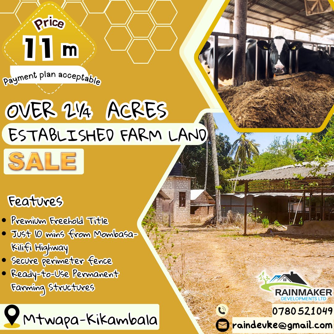 KeRainmaker's tweet photo. Own a Ready-to-Run Farm in Kikambala, Mtwapa.
✅2.25 Acres Fertile Land
✅Permanent farming structures 
✅ Ideal for livestock &amp; poultry
✅ Quiet farming environment

💰KES 11M (Flexible Payment Plan Available)
📞0780 521 049 https://t.co/9wNTJGKebF
