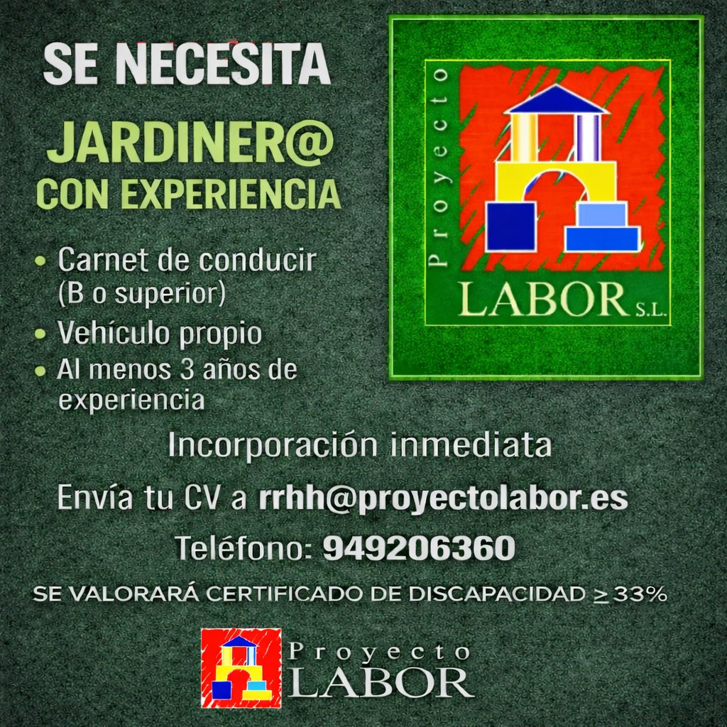 ProyectoLabor's tweet photo. Se necesita jardiner@ con al menos 3 años de experiencia, con carnet de conducir (persimo tipo B o superior) y vehículo propio.

Si cumples el perfil y te interesa el puesto, llámanos al 949 20 63 60 o envía tu CV a rrhh@proyectolabor.es https://t.co/hjaQx8VGM4