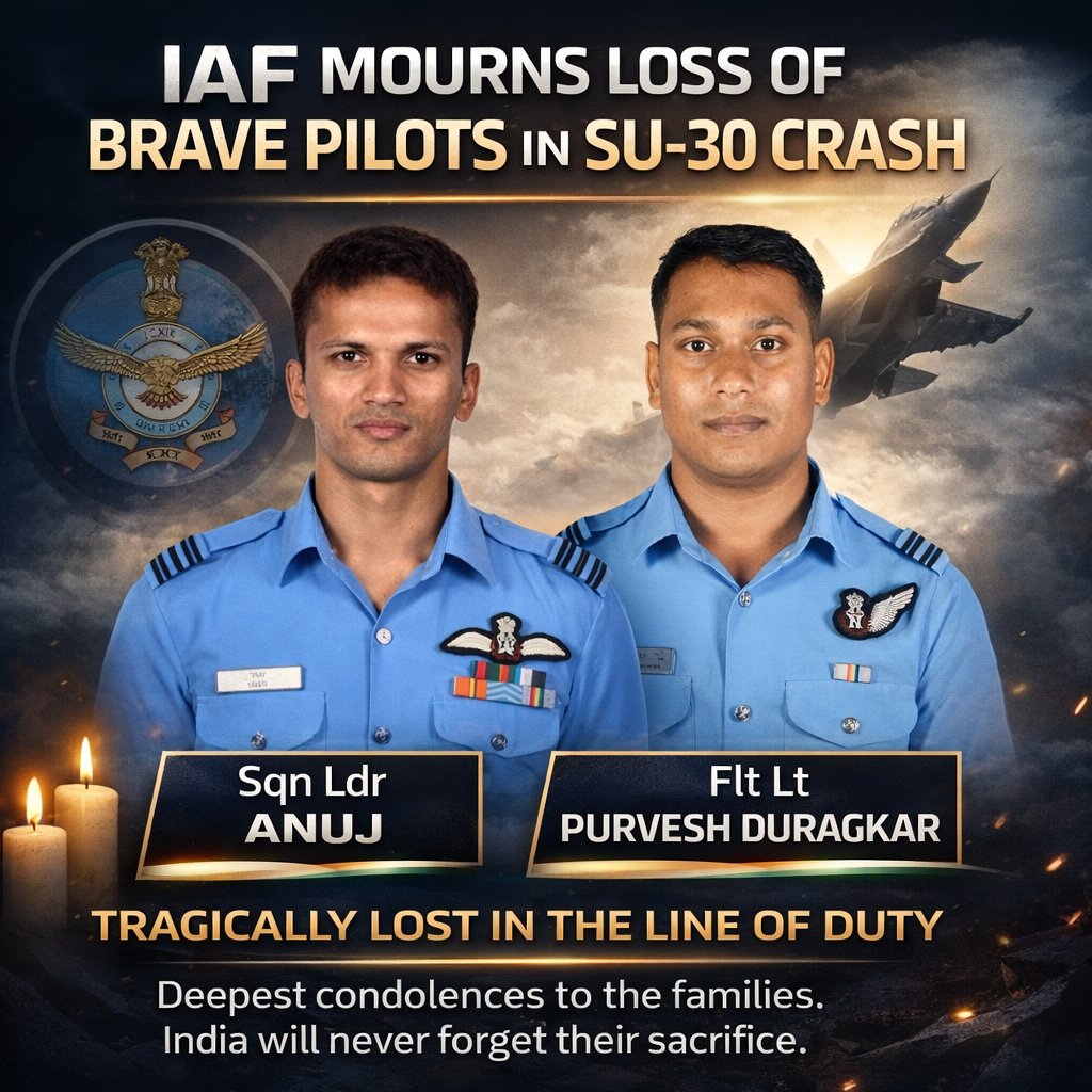 Snail_Stone7284's tweet photo. @rajnathsingh India salutes the supreme sacrifice of Sqn Ldr Anuj and Flt Lt Purvesh Duragkar. Their courage will forever inspire the nation. 🇮🇳#IndianAirForce #IAF #BraveHearts #SaluteToHeroes #Su30 #LineOfDuty #IndiaStandsWithIAF #Respect https://t.co/IS6E04TblA
