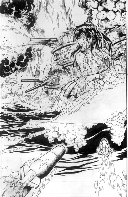 敵水雷戦隊に対して奮戦する扶桑姉様。トーン貼ってないから分かりにくいけど下半分は水面下という四つ目魚的な古い描写スタイル。 