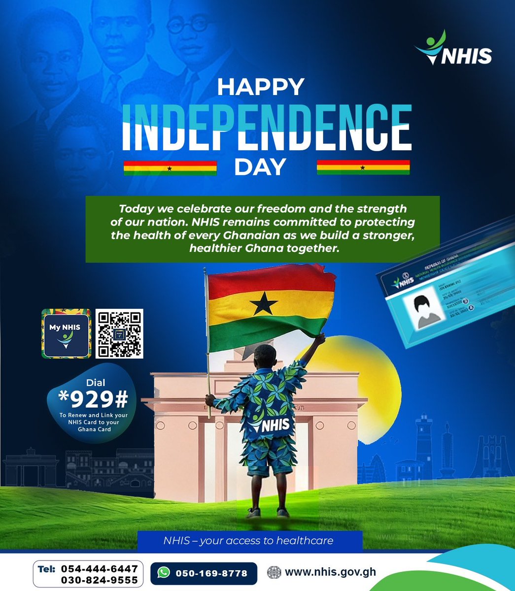 NHIS_Ghana's tweet photo. 🇬🇭 Today we celebrate our freedom and the strength of our nation. NHIS remains committed to protecting the health of every Ghanaian as we build a stronger, healthier Ghana together.

#ghana #GhanaMonth #heritage #HeritageDay https://t.co/WT2YsxG1jt