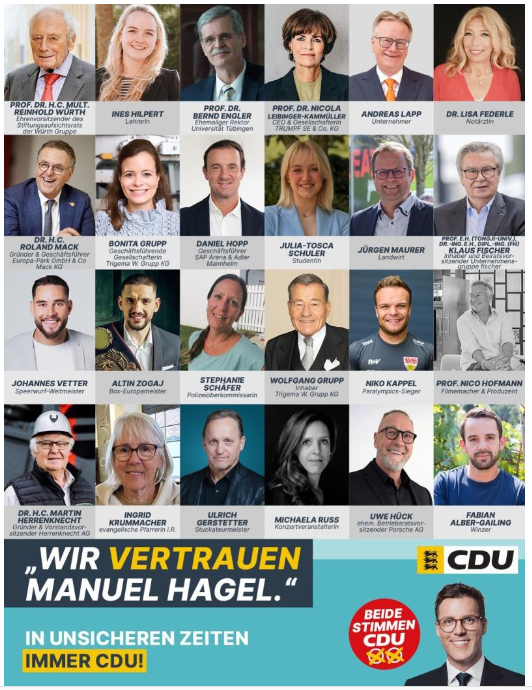 dneuerer's tweet photo. Letzter Strohhalm für Manuel #Hagel? Unternehmer wie #Würth, #Herrenknecht, #Grupp und Leibinger-Kammüller werben in Zeitungsanzeigen für den Spitzenkandidaten der #CDU in Baden-Württemberg. https://t.co/u7eaLfnXsA
