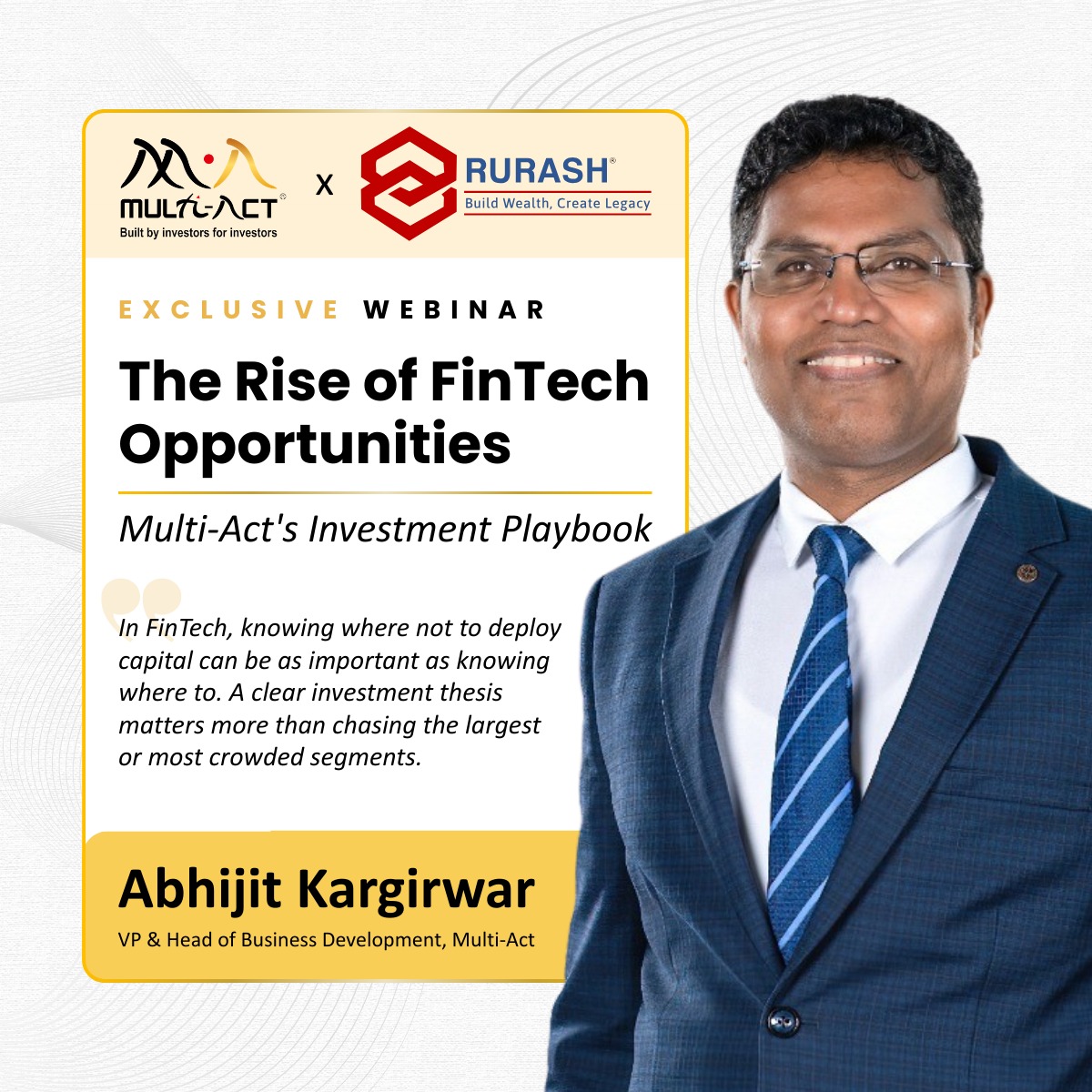 Multi_act's tweet photo. At a recent webinar hosted by @RurashFin, Abhijit Kargirwar shared how Multi-Act is approaching FinTech.

Avoiding crowded payments and lending platforms, the focus is on capital-market infrastructure and scalable financial technology.

A key theme: FinTech SaaS + agentic AI. https://t.co/u6lq3jV1A3