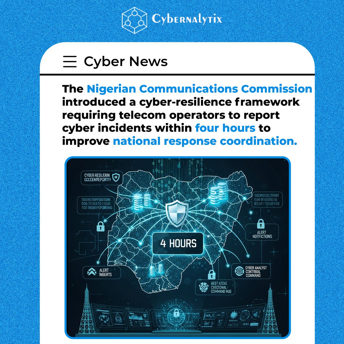 CybernalytixLtd's tweet photo. Cybersecurity is now a regulatory obligation in Nigeria’s telecom sector.

The policy is designed to strengthen sector-wide threat visibility, coordinate national response, and protect critical telecom infrastructure and subscriber data across Nigeria.

#cybernalytixprofessionals https://t.co/63TV61aW9z