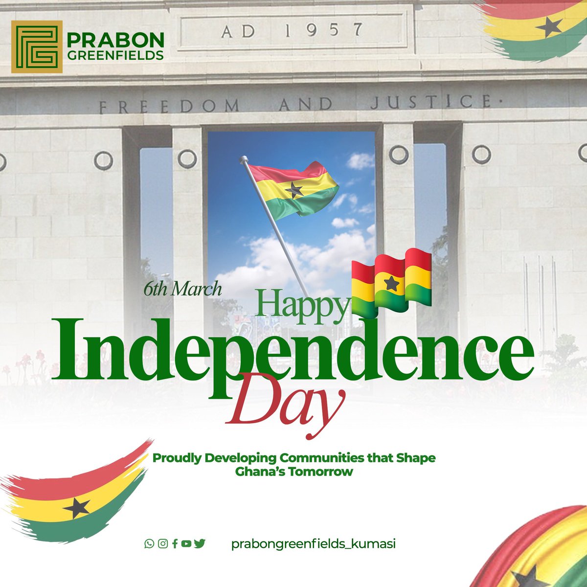 Happy Independence Day, Ghana 🇬🇭✨
Today we celebrate our freedom, our resilience, and the bright future we continue to build together. At Prabon Greenfields, we remain proud to develop communities that shape Ghana’s tomorrow.