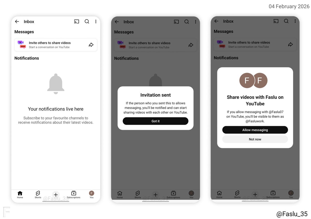 Faslu_35's tweet photo. YouTube has brought back its Direct Messaging (DM) feature in a refreshed form, allowing users to share videos, Shorts, and live streams while engaging in direct private conversations within the app
​This revives a capability first introduced years ago but discontinued in 2019 https://t.co/8YYBqxt0v1
