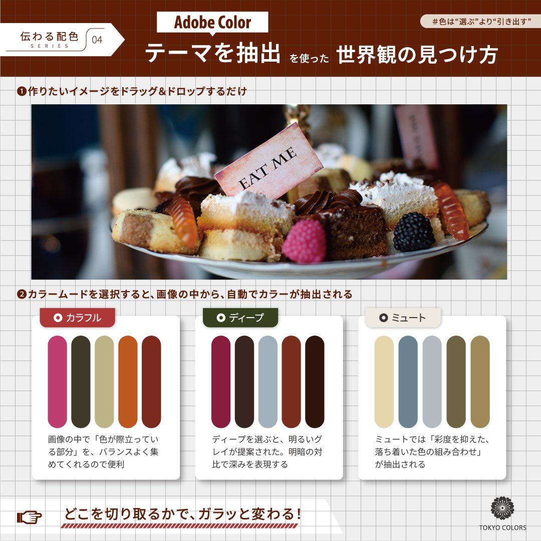 colors_sakurai's tweet photo. みんな、知ってる？
Adobe Colorの超便利機能［テーマを抽出］！！！

手元にある画像をドラッグ＆ドロップするだけで、バランスのよい配色が自動抽出される。画面左の［カラームード］をポチッと変えるだけで、配色の雰囲気が自動変換。楽しみながら、理想の世界観を作れます

#AdobeColor #AdobeCommunityExpert
#テーマを抽出 #伝わる配色