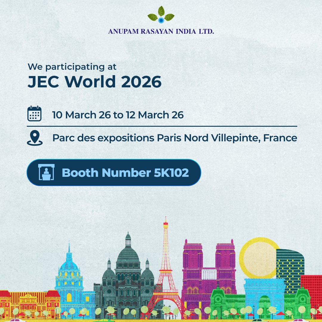 We’re excited to announce our participation at #JECWorld2026! Join #AnupamRasayan India Ltd. from 10–12 March 2026 at Booth 5K102, held at Paris Nord Villepinte Exhibition Centre.

Looking forward to connecting, collaborating, and shaping the future of advanced materials.