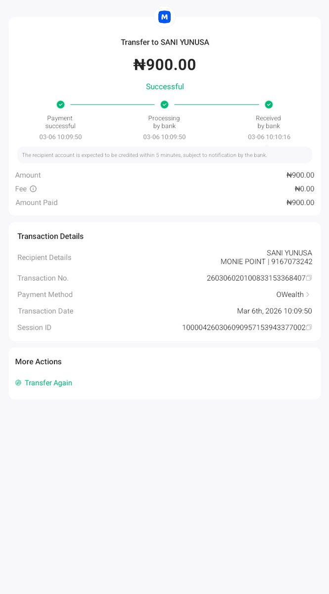 SUNYTHECREATOR's tweet photo. @OPay_NG The account number for the moneipoint is 5789534608
And I inputted this 9167073242 but the transfer was successful with the person same account name but the person did not see the money https://t.co/jDRy0LcTR2