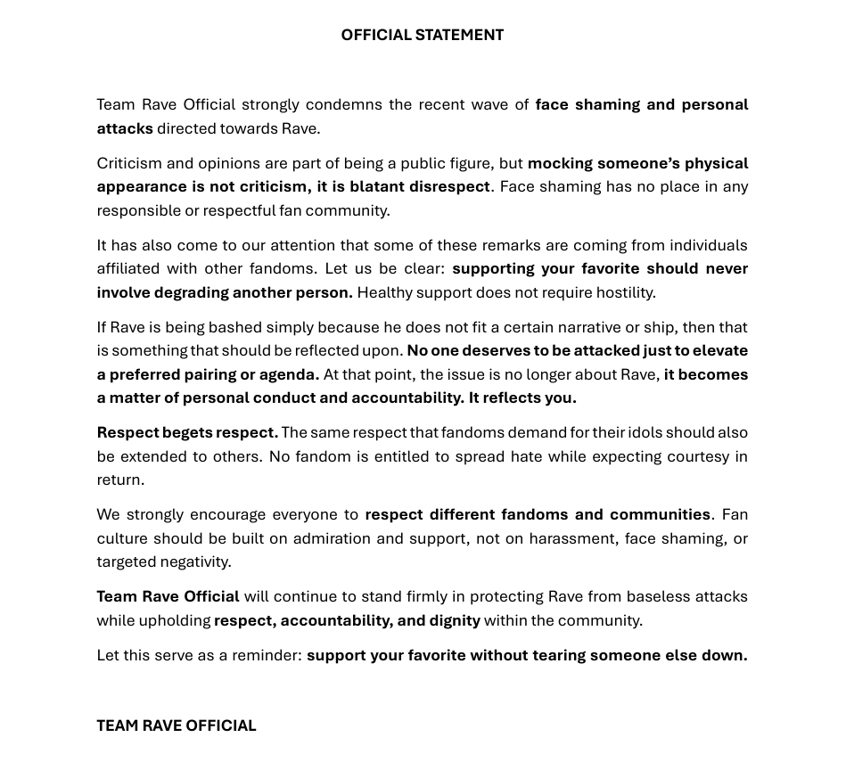 teamraveofc_'s tweet photo. [𝗢𝗙𝗙𝗜𝗖𝗜𝗔𝗟 𝗦𝗧𝗔𝗧𝗘𝗠𝗘𝗡𝗧]

𝗥𝗔𝗩𝗘𝗡𝗚𝗘𝗥𝘀!

Let’s continue to support Rave while showing respect to other fandoms and artists. Let’s avoid engaging in negativity and focus on spreading positivity instead.

𝗥𝗘𝗦𝗣𝗘𝗖𝗧 𝗕𝗘𝗚𝗘𝗧𝗦 𝗥𝗘𝗦𝗣𝗘𝗖𝗧.
We choose respect. We choose dignity. We choose to stand by Rave.

𝗧𝗘𝗔𝗠 𝗥𝗔𝗩𝗘 𝗢𝗙𝗙𝗜𝗖𝗜𝗔𝗟
𝘼𝙡𝙡 𝙛𝙤𝙧 𝙍𝙖𝙫𝙚, 𝙖𝙡𝙬𝙖𝙮𝙨 𝙬𝙞𝙩𝙝 𝙍𝙖𝙫𝙚.
#RaveVictoria