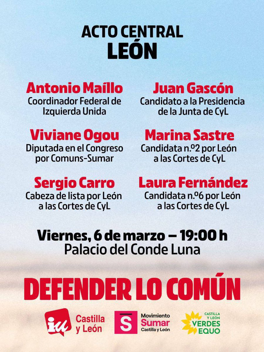 🦁Nos vemos esta tarde en León con <a href="/Juan_Gascon/">Juan Gascón 🔻</a>, <a href="/sercfer/">Sergio Carro</a>, <a href="/vivianeogou/">Viviane Ogou i Corbi🕊</a>, Marina Sastre y Laura Fernández.

Juntas y juntos para defender lo común <a href="/iucyl/">IU Castilla y León🔻</a>