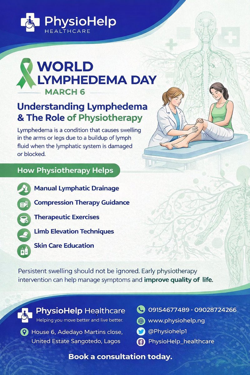 PhysioHelp1's tweet photo. Physiotherapy plays a crucial role in managing this condition through:
 ✔ Manual lymphatic drainage
✔ Compression therapy guidance
✔ Therapeutic exercises
✔ Swelling management techniques

Early intervention can help improve mobility while also improving general wellbeing. https://t.co/xzBdc9xhgv