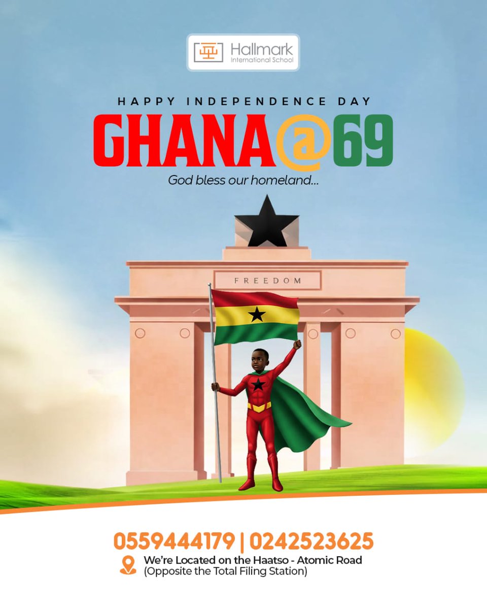 HallmarkSch's tweet photo. 🇬🇭 69 years of growth;
69 years of perseverance;
69 years of history unmatched. 
Here’s to many more years of pride, unity and progress. 
Happy Independence Day! https://t.co/8VON8Ar0zl